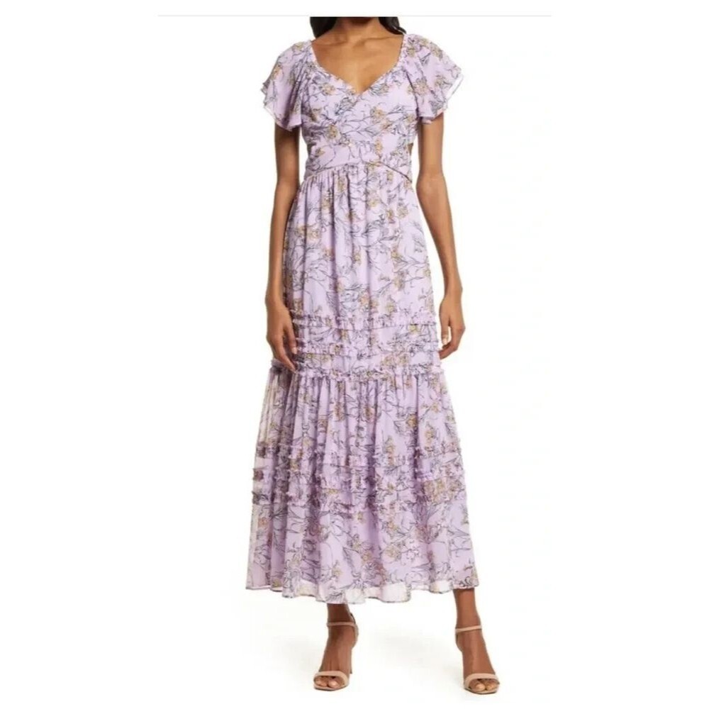 CHELSEA28 Cross Front Chiffon Maxi Dress Purple Bloom Floral Fields Size 1X